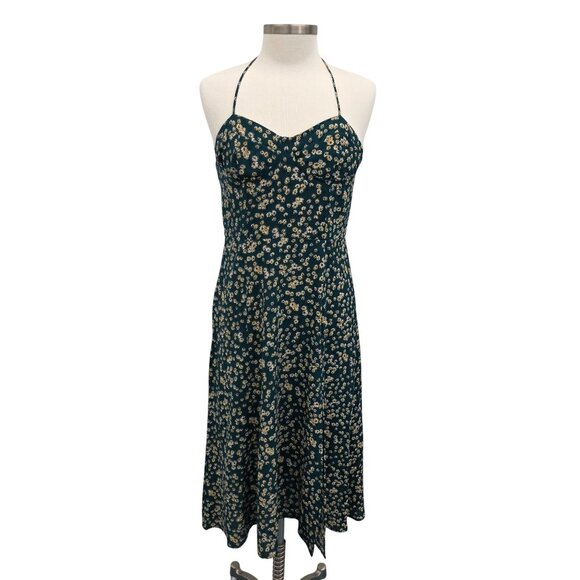 Womens L Green Yellow Floral Print Midi Dress w/Sweetheart Neckline & Tie Back - Picture 1 of 13